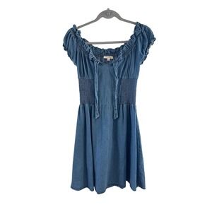 Rebellion Women Blue Denim Smocked Waist Milkmaid Dress Cotton Mini Large